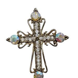 Vintage Aurora Borealis Rhinestone Cross Brooch Pin Ornate Gold Tone Pendant